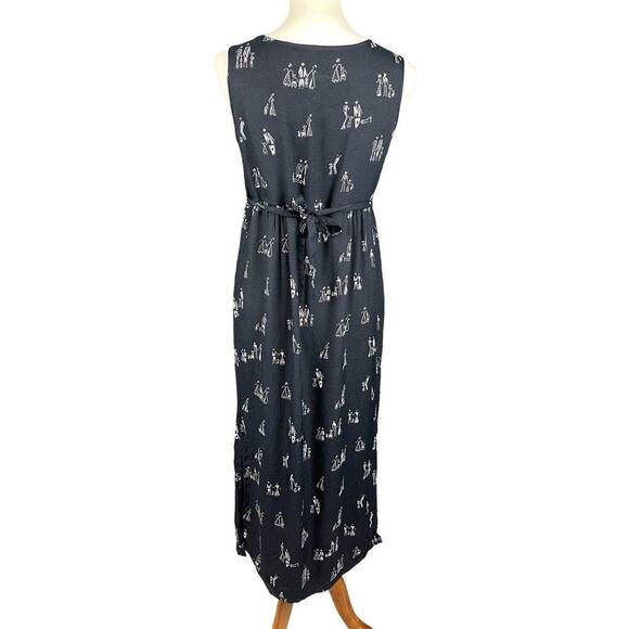 Dan Howard Black Maxi Dress Women Size Small Vintage Stick Family Print Tie Back - Picture 7 of 12